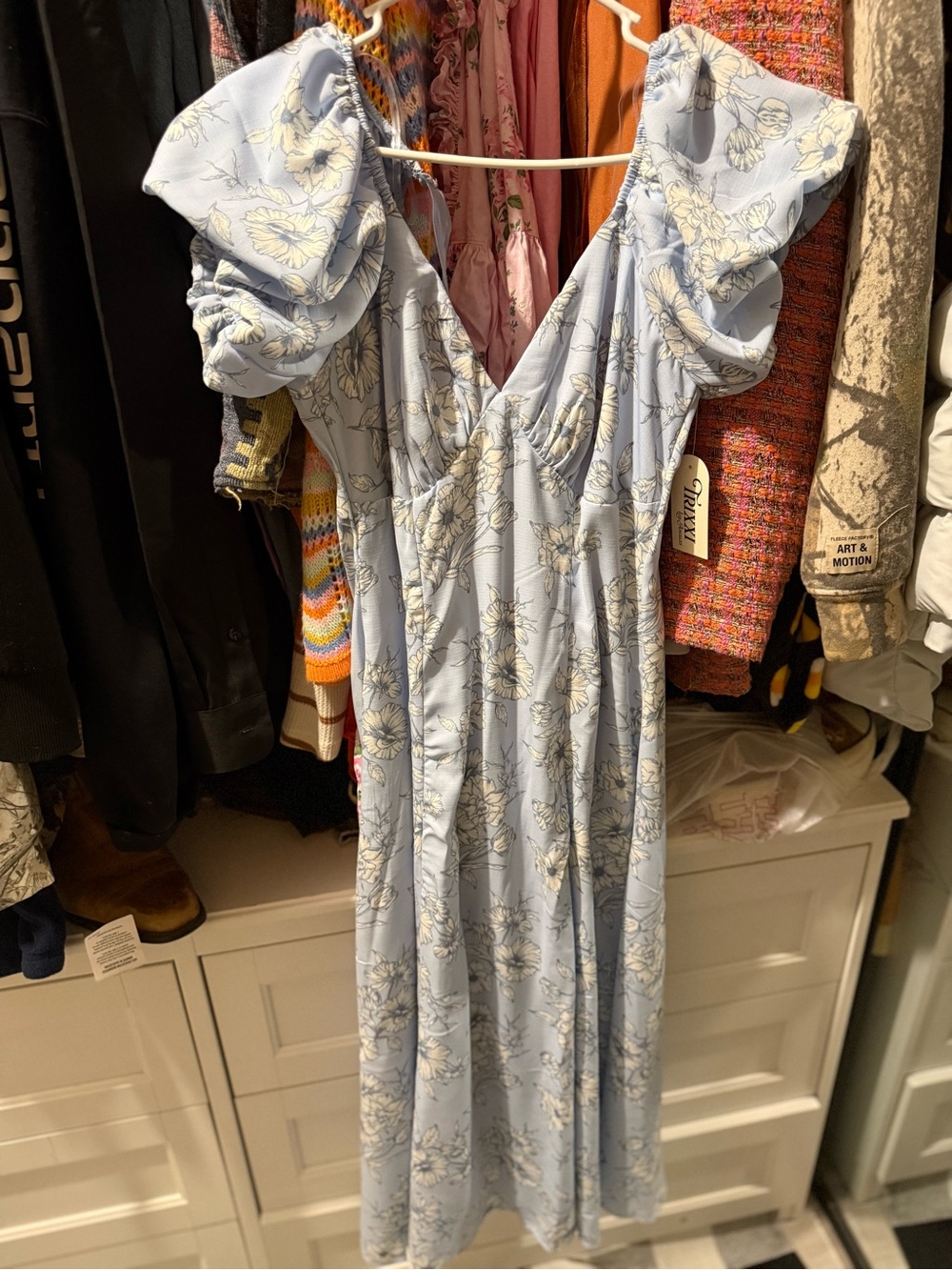 Trixxi Enchanted Light Blue Floral V-Neck Maxi Dress with Puff Sleeves